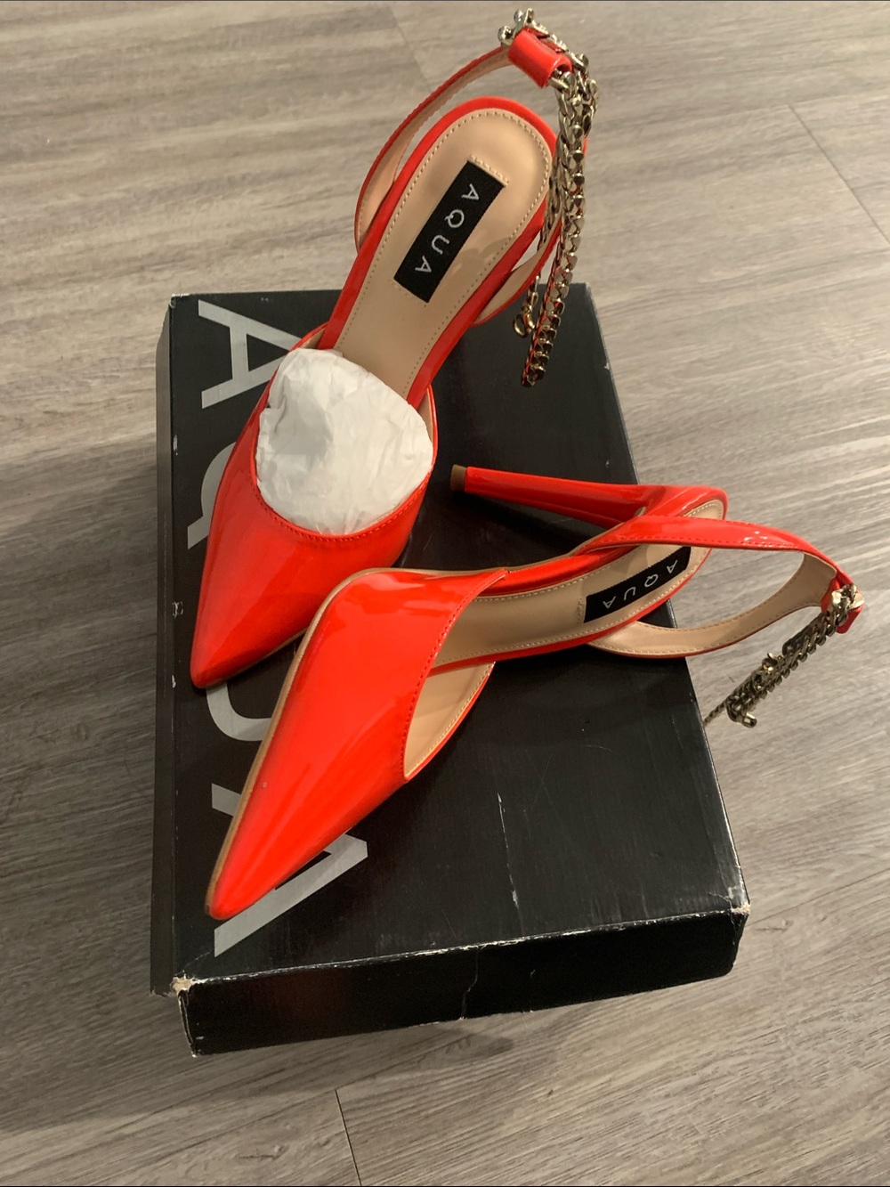 Aqua Red Patent Pointed Slingback Heels with Chain
